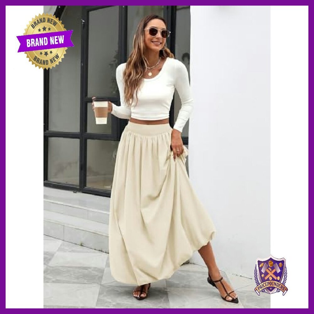 Bubble Hem Maxi Skirt with Pockets, Elastic Waist A-Line - Picture 6 of 8
